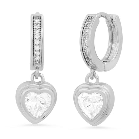 Steeltime Unisex Iced Out Huggie Charm Pendant Brass Earrings with Simulated Diamonds Jewelry Gift (Heart / 18K Gold Plated)