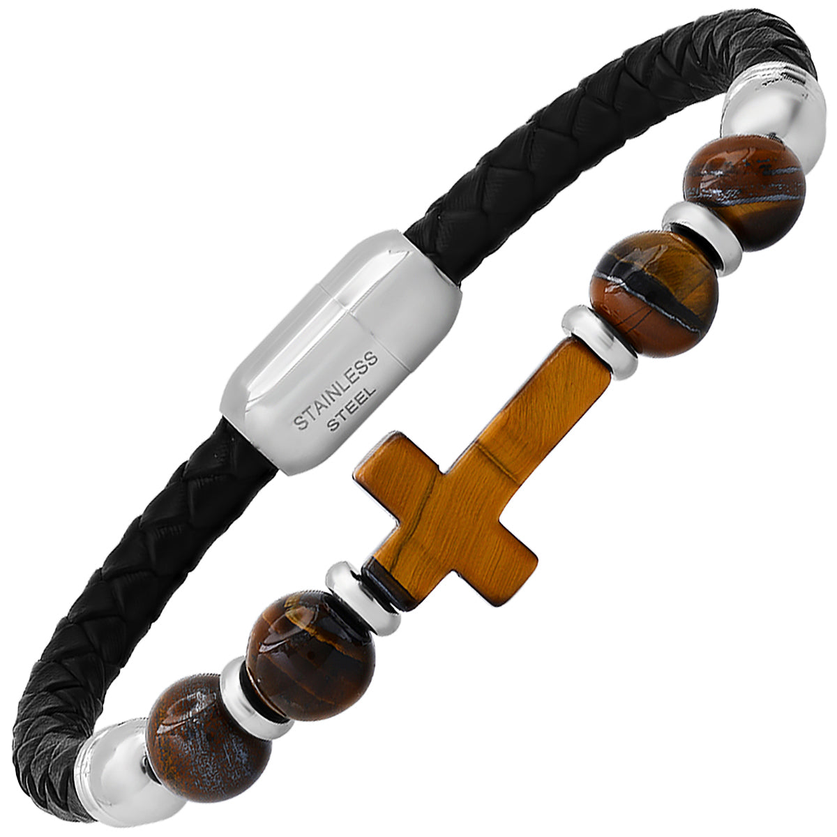 Braided Black Leather, Stainless Steel And Tiger Eye Cross Beads Bracelet