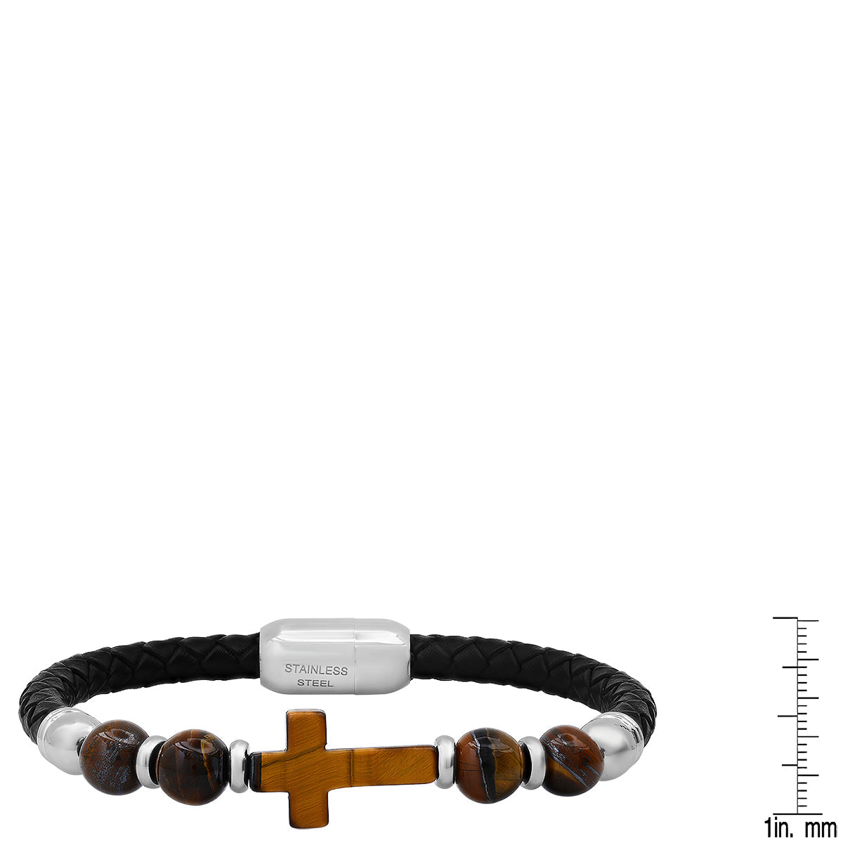 Braided Black Leather, Stainless Steel And Tiger Eye Cross Beads Bracelet