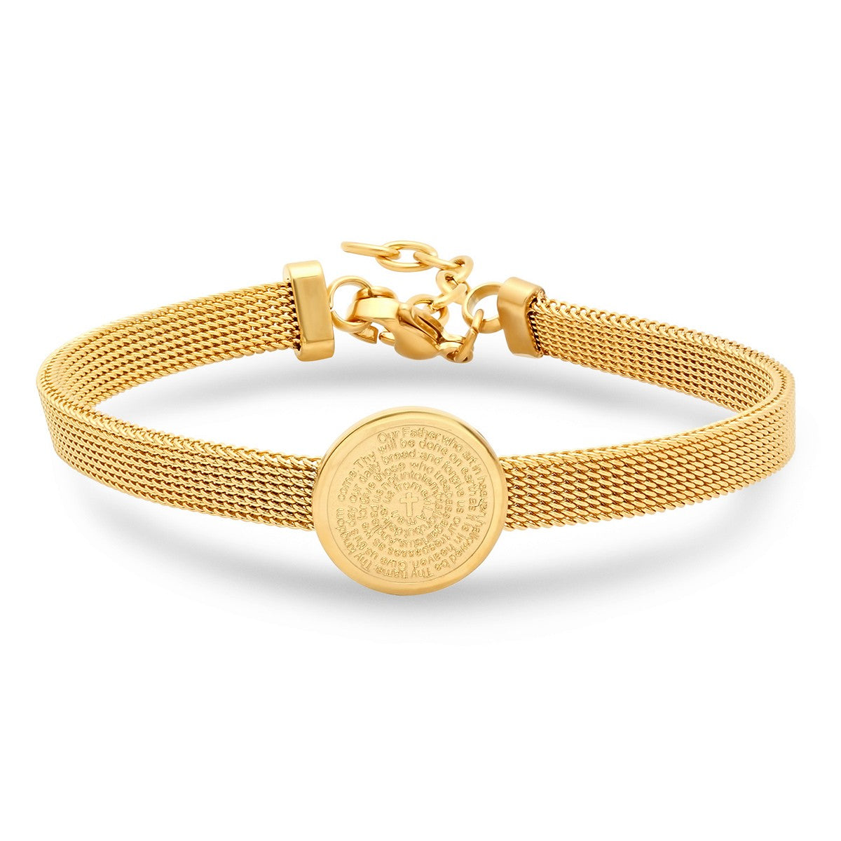 Solitaire Charm Our Father Prayer Mesh Bracelet