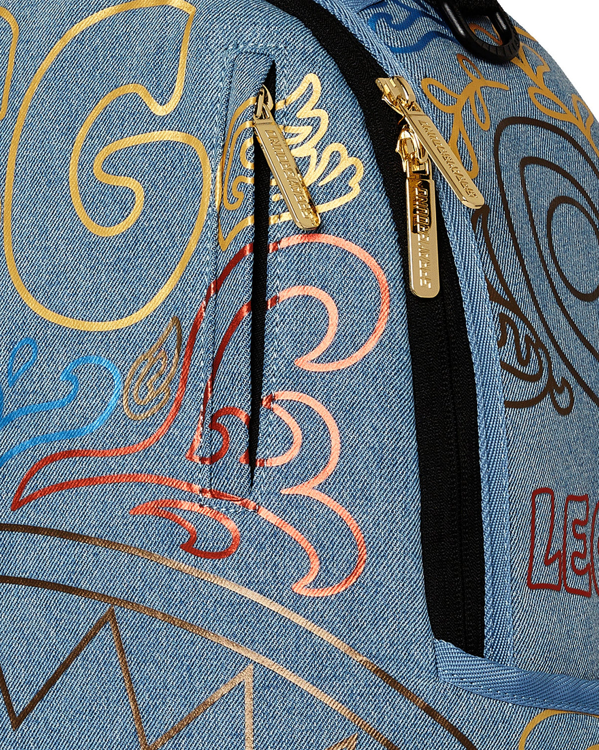 SPRAYGROUND METALLIC PRINTED DENIM SHARK DLXSV BACKPACK