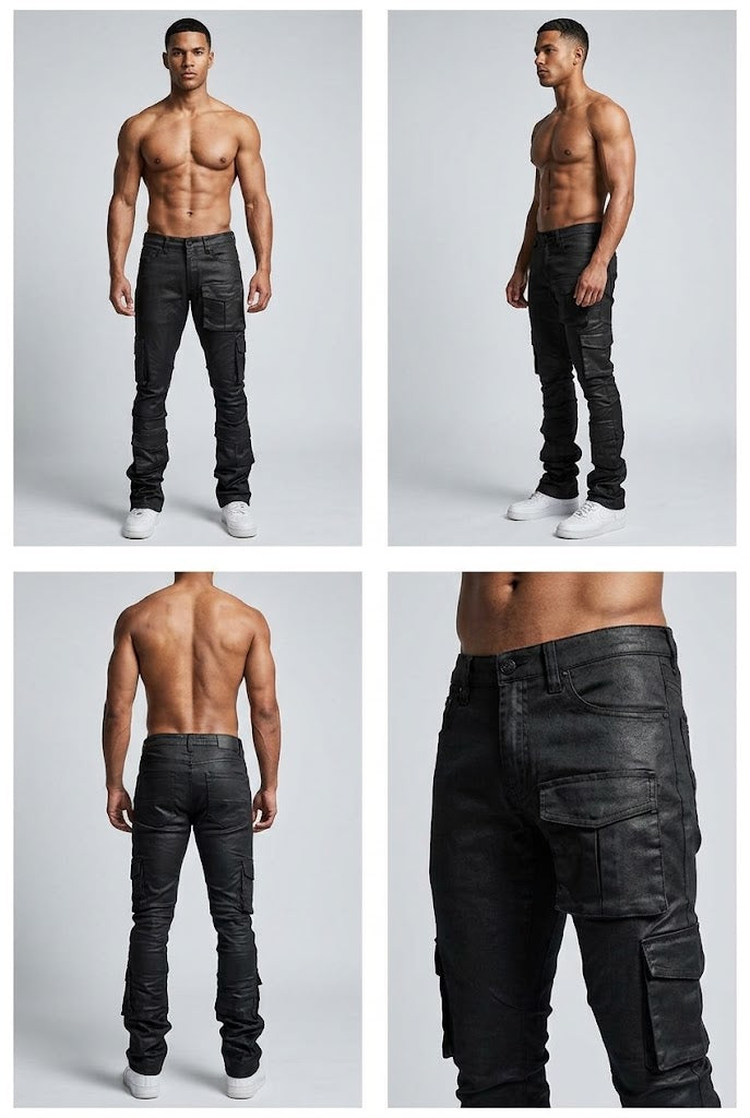 Blind Trust Stacked Wax Coated Cargo Jeans Black