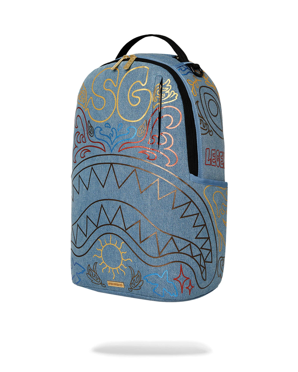 SPRAYGROUND METALLIC PRINTED DENIM SHARK DLXSV BACKPACK