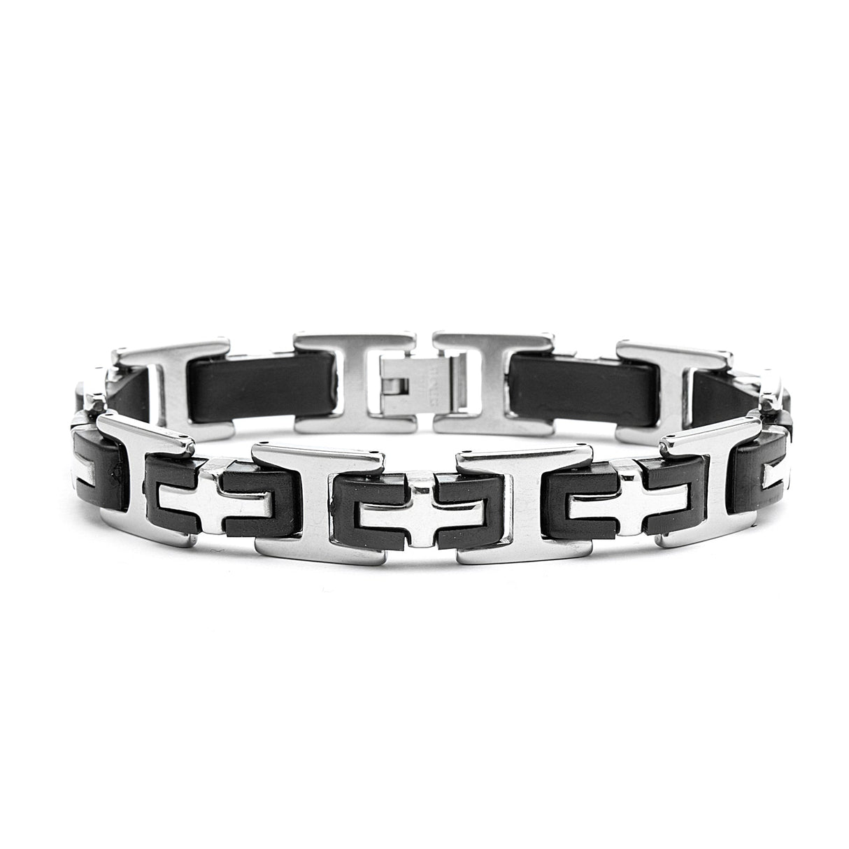 Stainless Steel Link Bracelet With Black Rubber