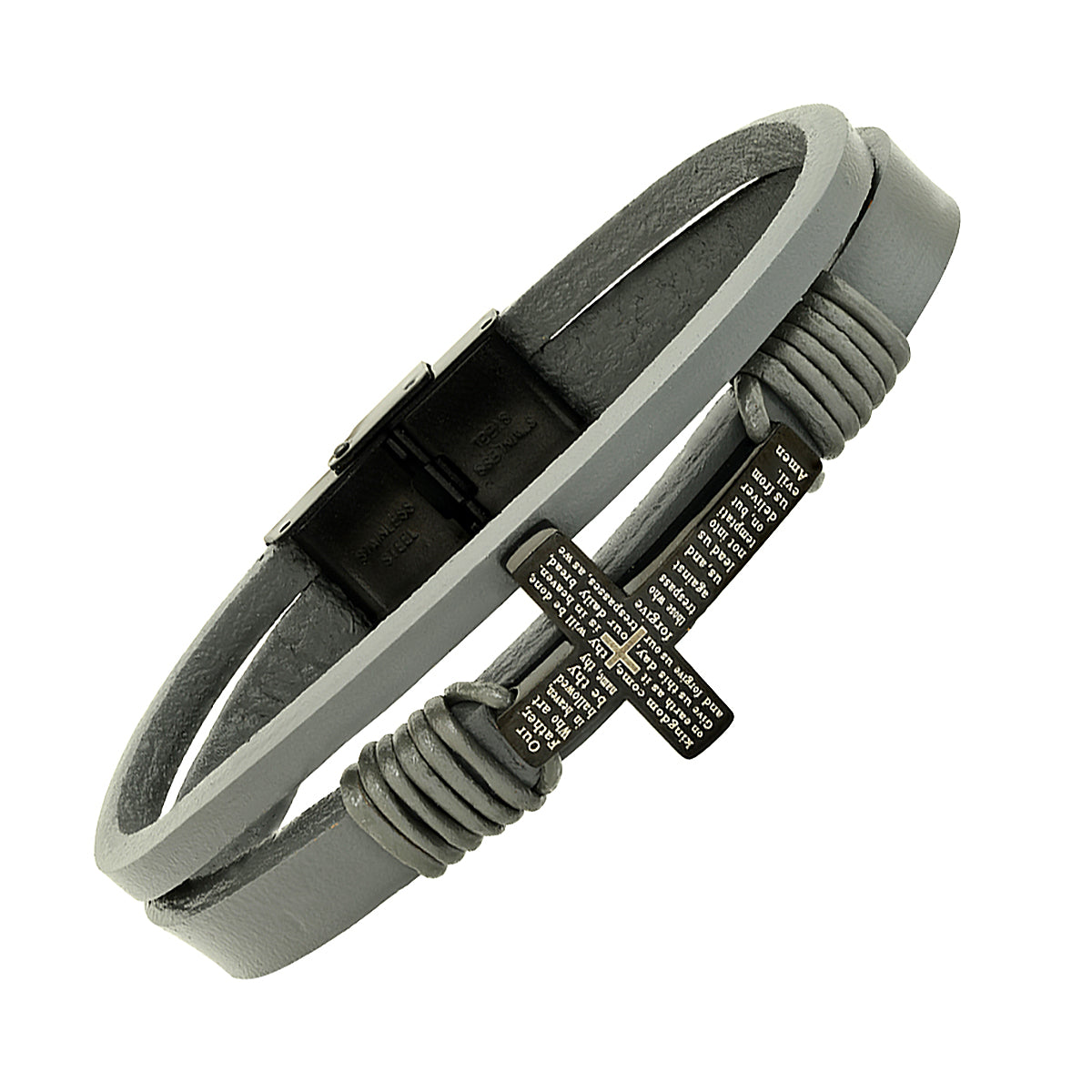 Gray Leather And Black Ip Stainless Steel Cross With Our Father Prayer Bracelet