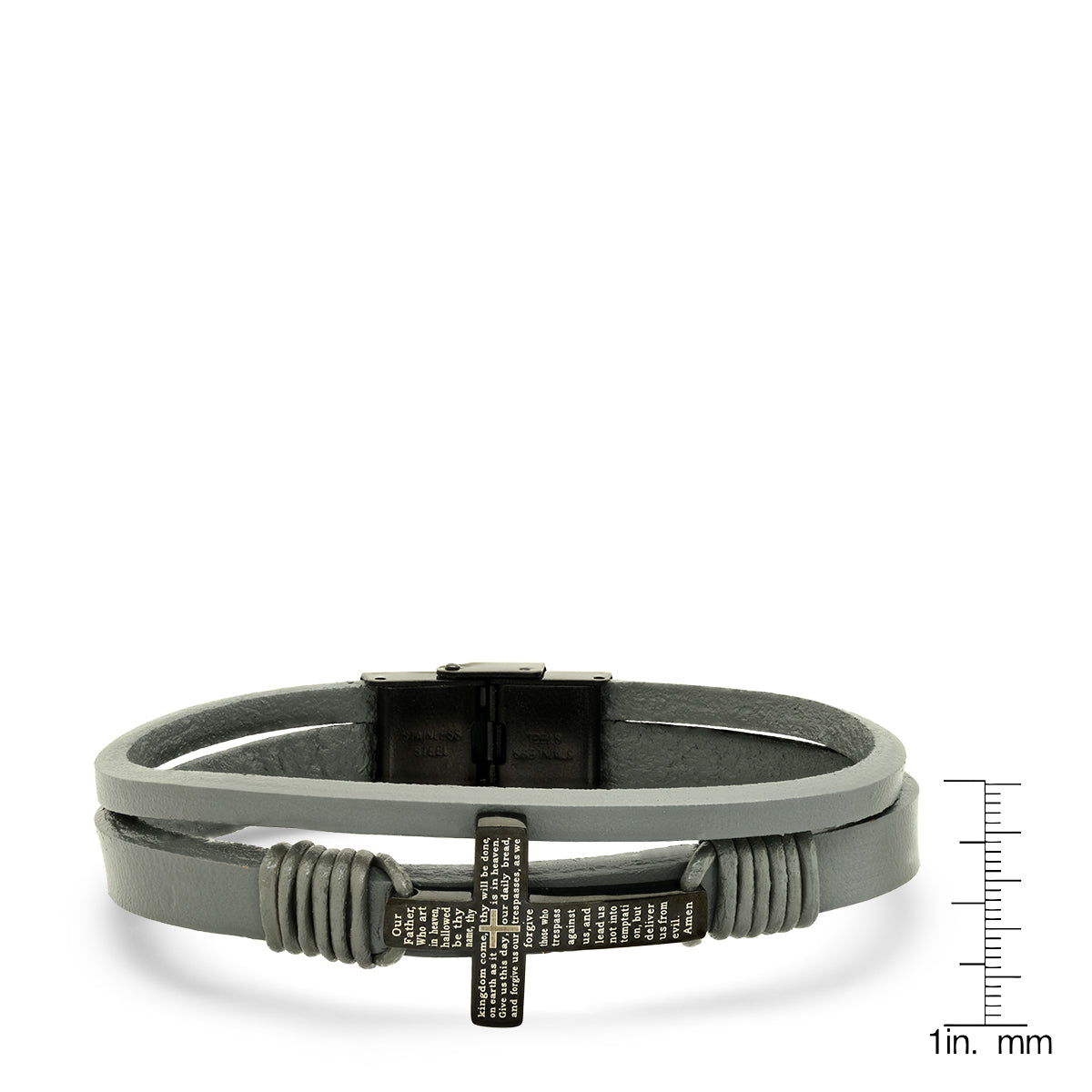 Gray Leather And Black Ip Stainless Steel Cross With Our Father Prayer Bracelet