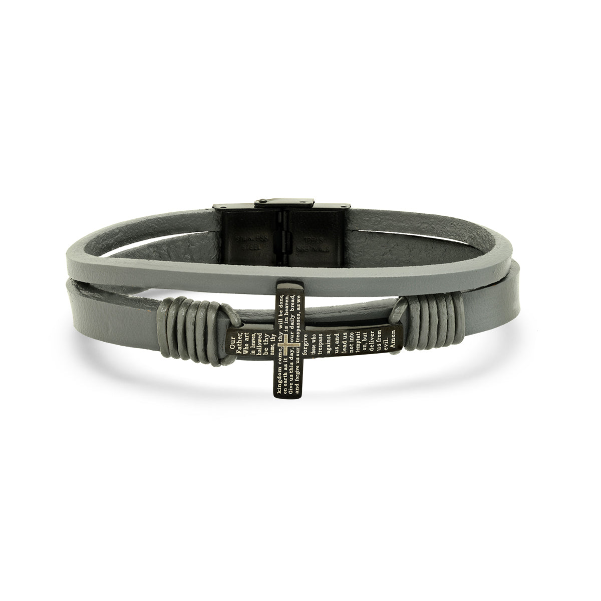 Gray Leather And Black Ip Stainless Steel Cross With Our Father Prayer Bracelet