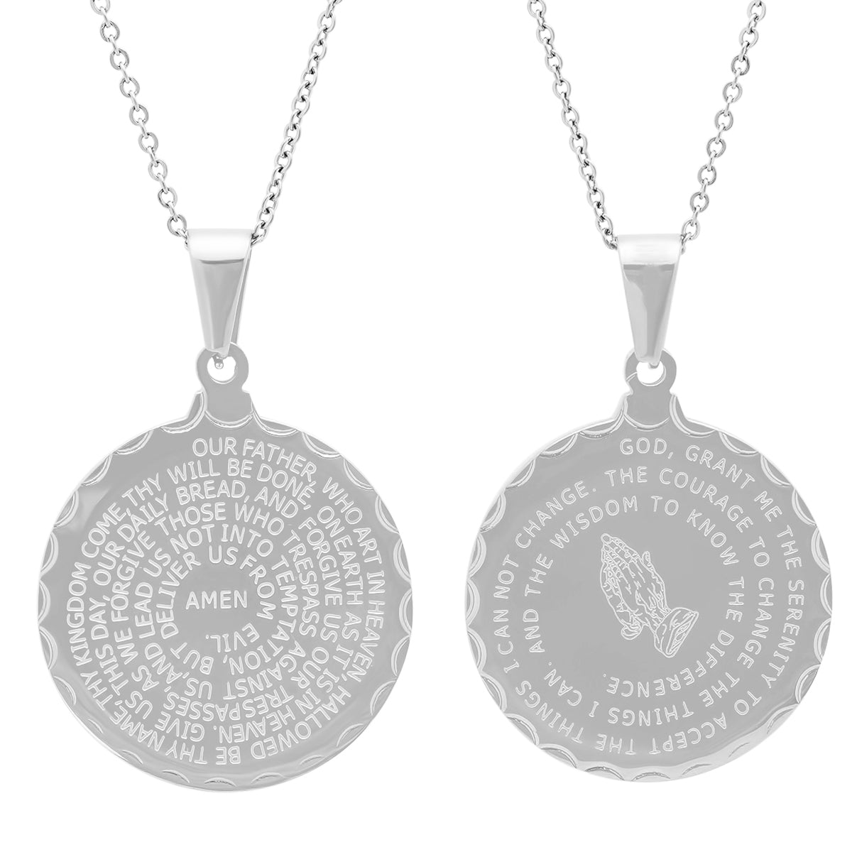 Ladies Double Sided Stainless Steel Lord's Prayer And Serenity Prayer Pendant.