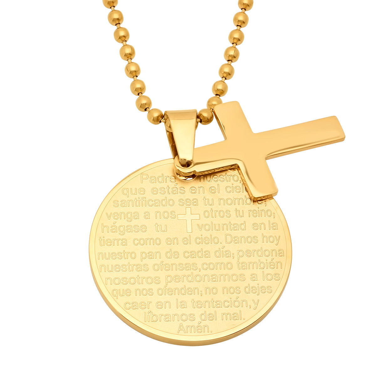 Ladies Round Padre Nuestro Prayer Pendant With Cross