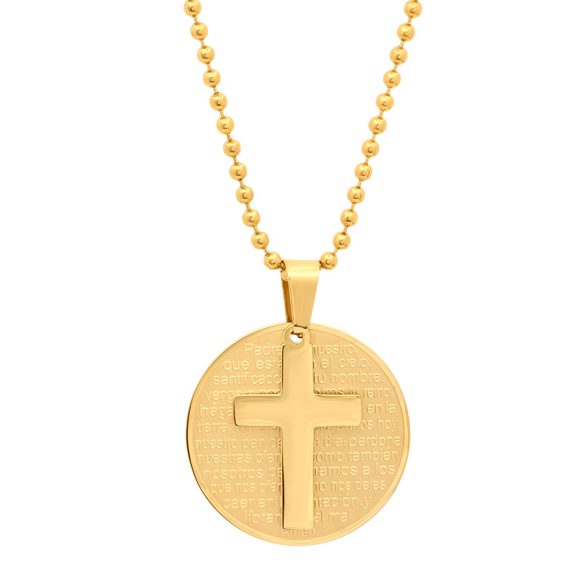 Ladies Round Padre Nuestro Prayer Pendant With Cross