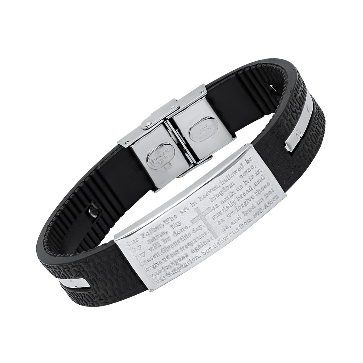 Black Rubber And Stainless Steel Our Father Prayer Ridged Bracelet