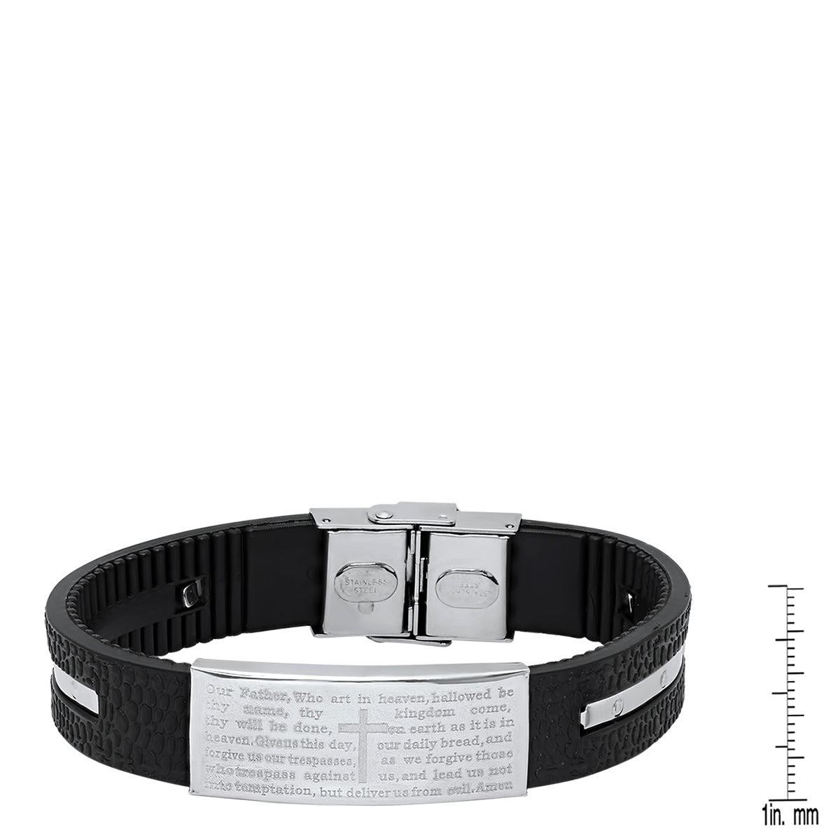 Black Rubber And Stainless Steel Our Father Prayer Ridged Bracelet