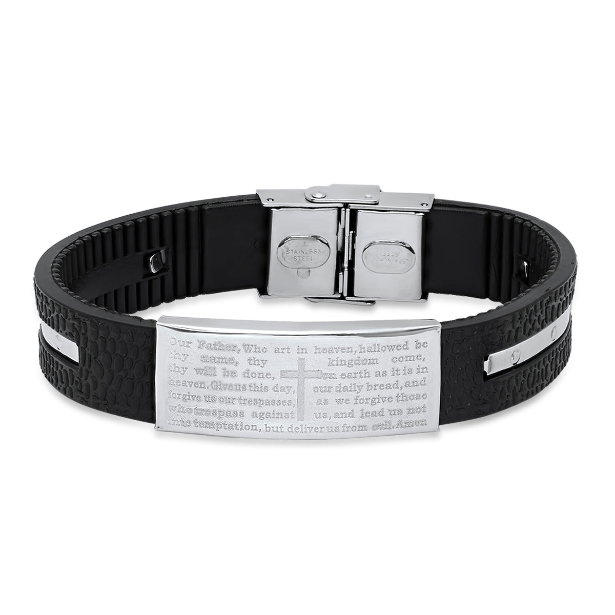 Black Rubber And Stainless Steel Our Father Prayer Ridged Bracelet
