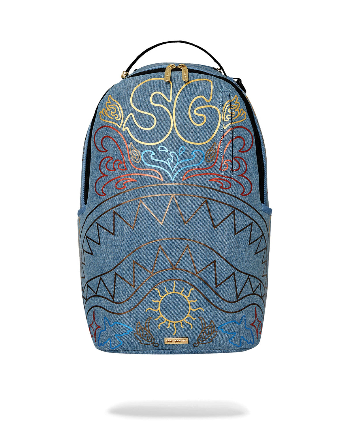 SPRAYGROUND METALLIC PRINTED DENIM SHARK DLXSV BACKPACK