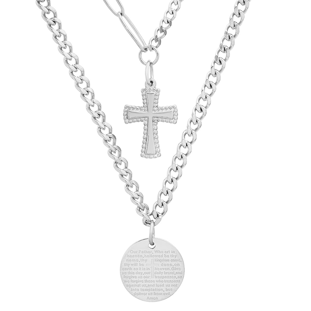 Layered Pendants With "Our Father" Prayer And Cross Charms