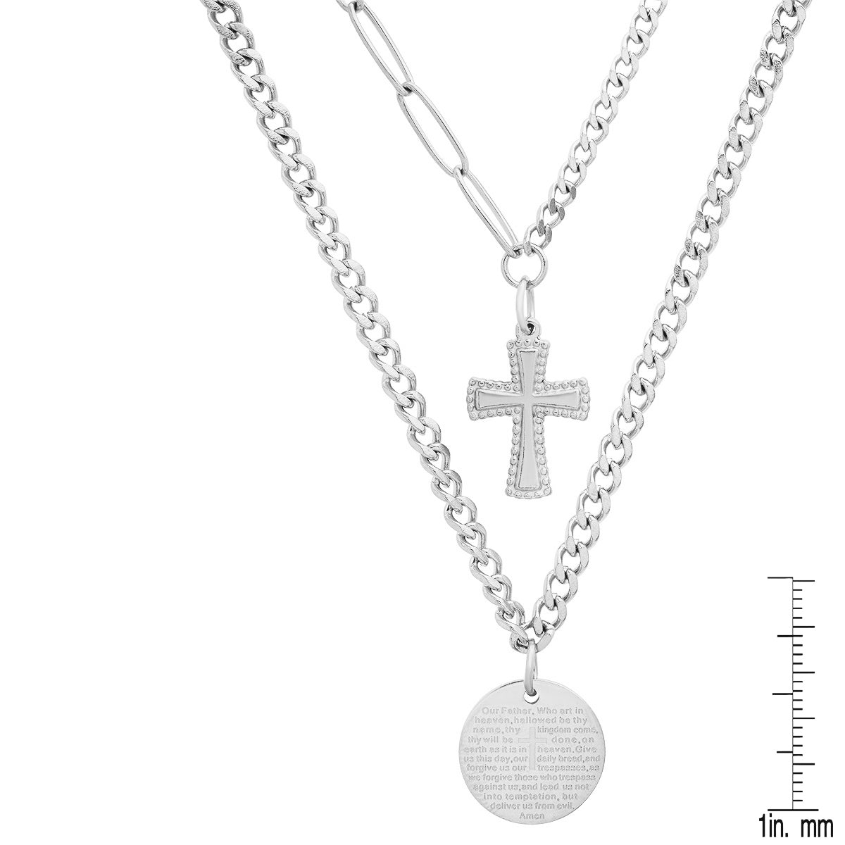Layered Pendants With "Our Father" Prayer And Cross Charms