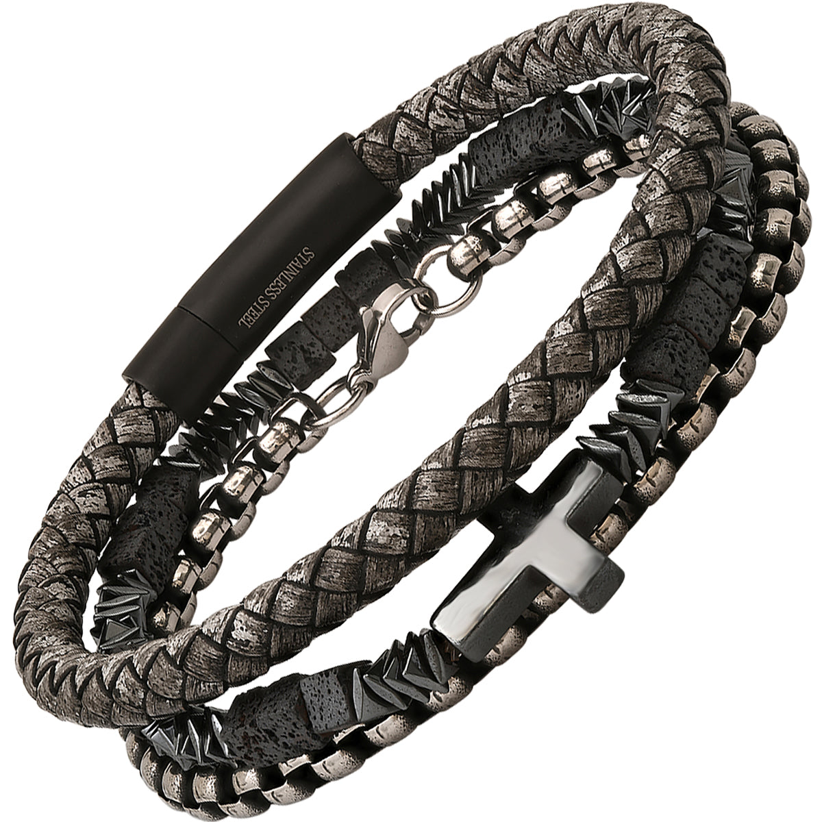 Gray Braided Leather/Black Ip Stainless Steel, Stainless Steel Round Link And Hematite/Lava Beaded 3Pc Bracelet Set
