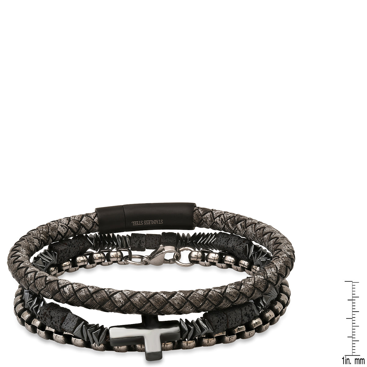 Gray Braided Leather/Black Ip Stainless Steel, Stainless Steel Round Link And Hematite/Lava Beaded 3Pc Bracelet Set