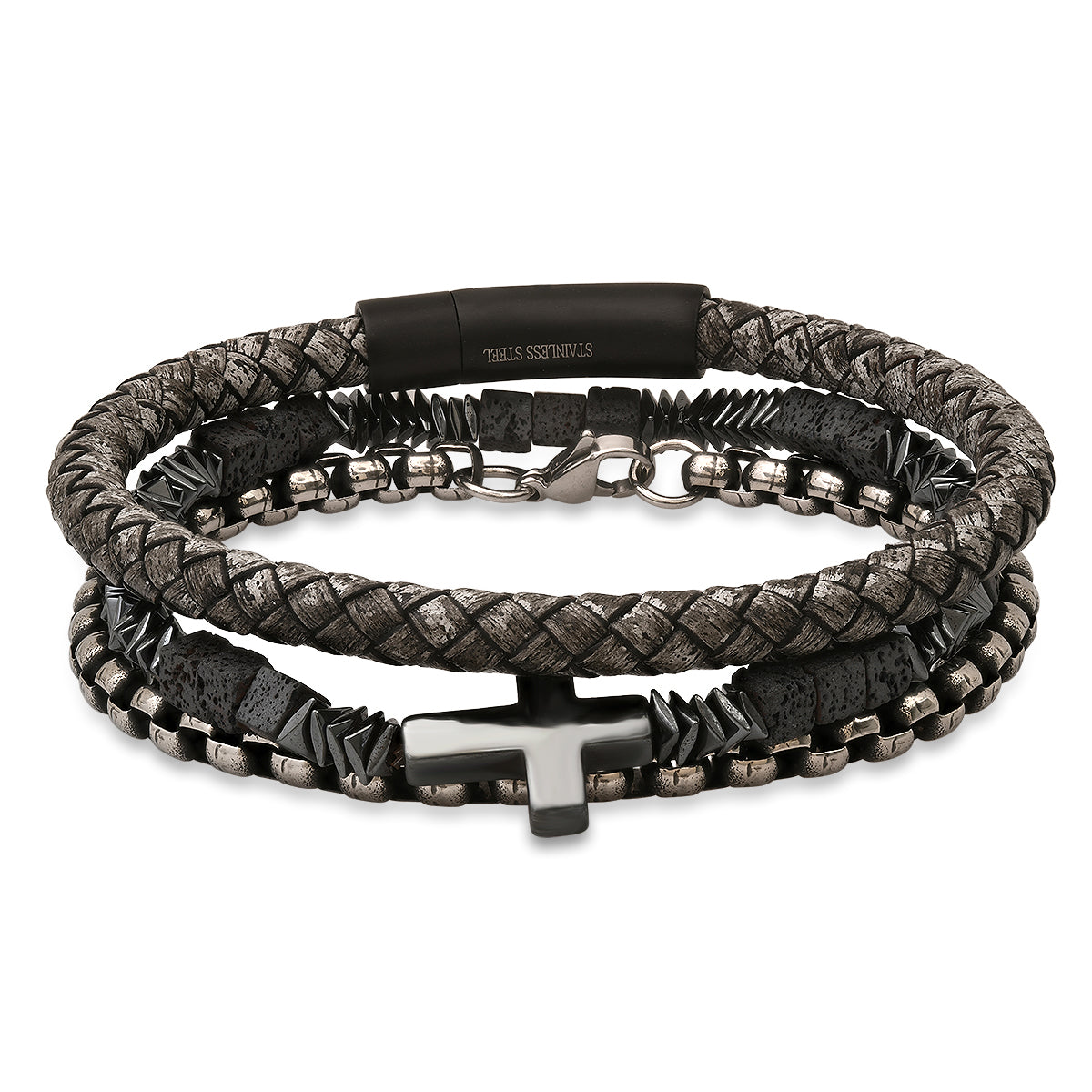 Gray Braided Leather/Black Ip Stainless Steel, Stainless Steel Round Link And Hematite/Lava Beaded 3Pc Bracelet Set