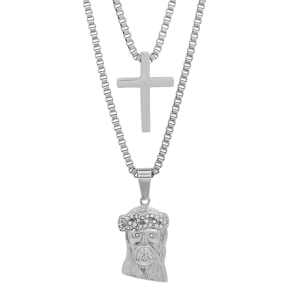 Stainless Steel Double Layered Cross And Jesus With Simulated Diamonds Necklace