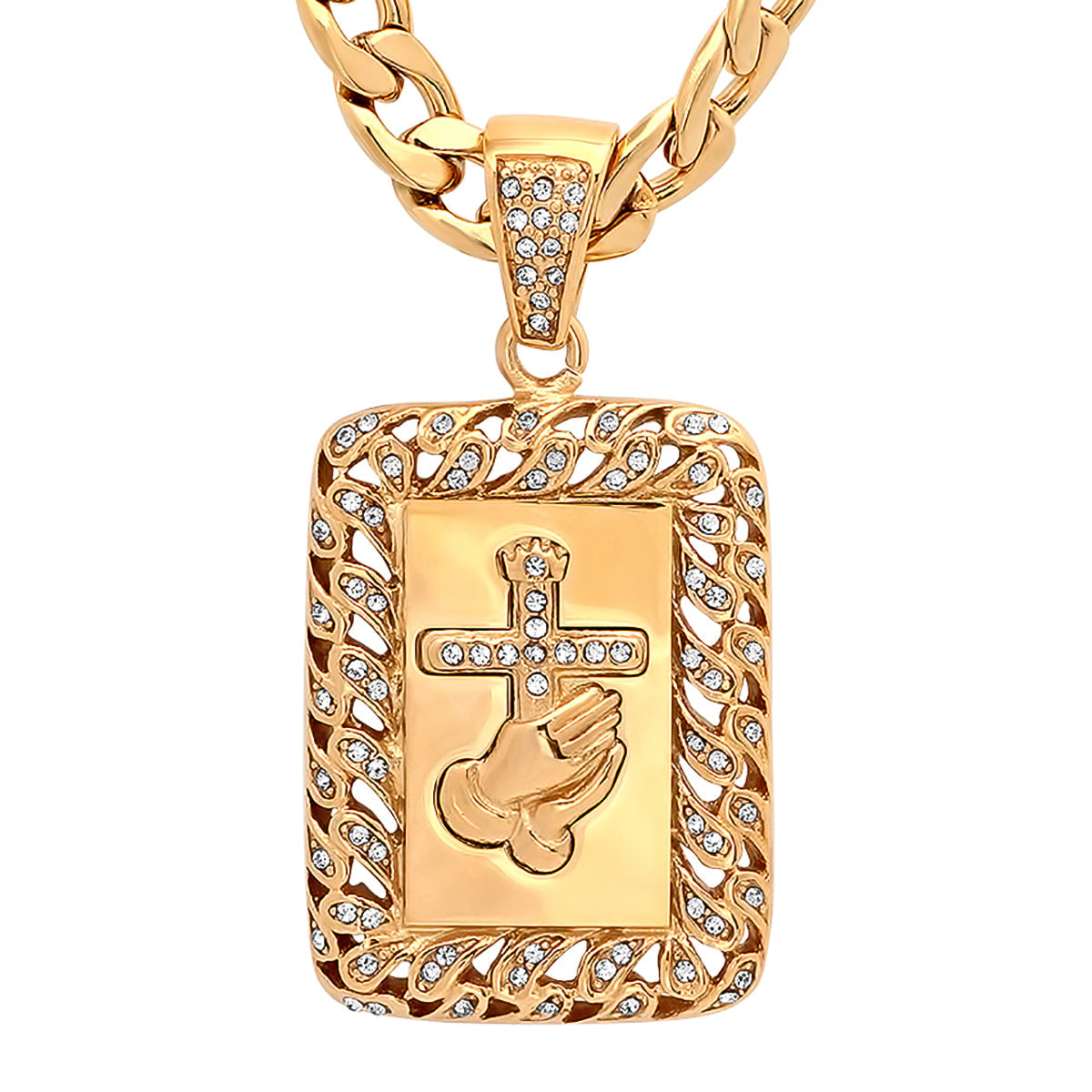 18K Gold Plated Stainless Steel Prayer Hands And Cross Pendant With Simulated Diamonds