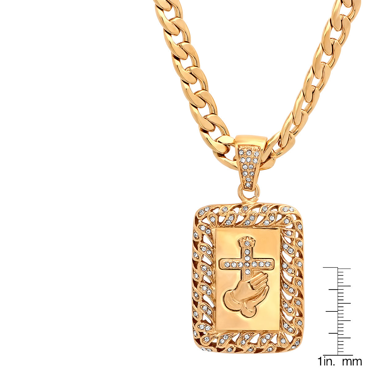 18K Gold Plated Stainless Steel Prayer Hands And Cross Pendant With Simulated Diamonds