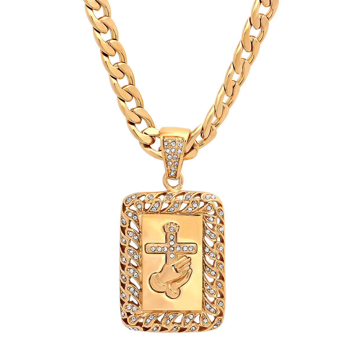 18K Gold Plated Stainless Steel Prayer Hands And Cross Pendant With Simulated Diamonds