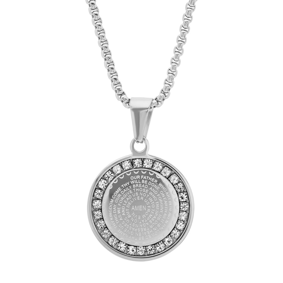 Our Father Prayer Round Pendant With Simulated Diamonds