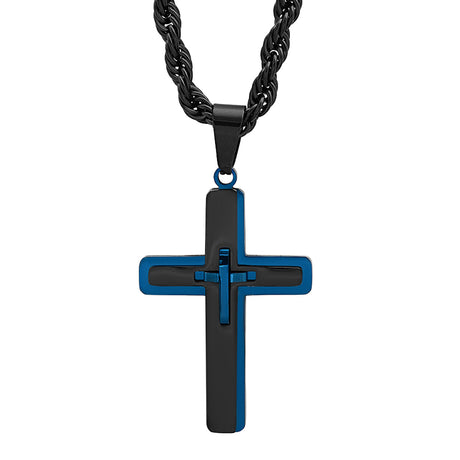 Two Tone Blue & Black Ip Stainless Steel Crucifix Pendant