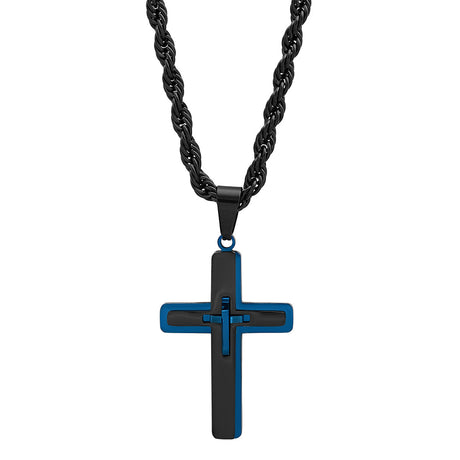 Two Tone Blue & Black Ip Stainless Steel Crucifix Pendant