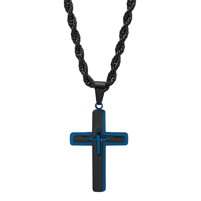Two Tone Blue & Black Ip Stainless Steel Crucifix Pendant