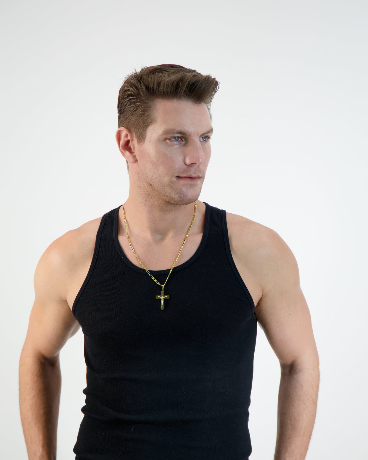 Crucifix Pendant on Figaro Chain