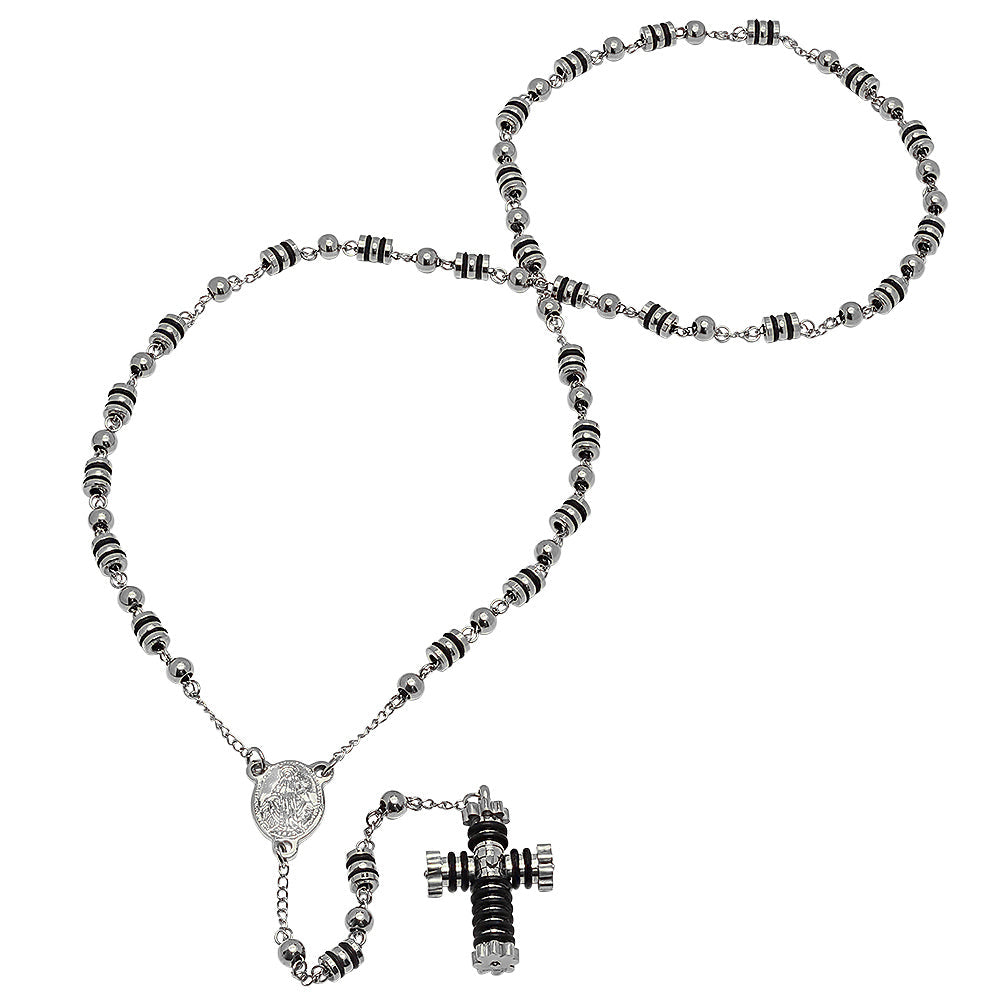 Stainless Steel And Black Rubber Rosary Necklace