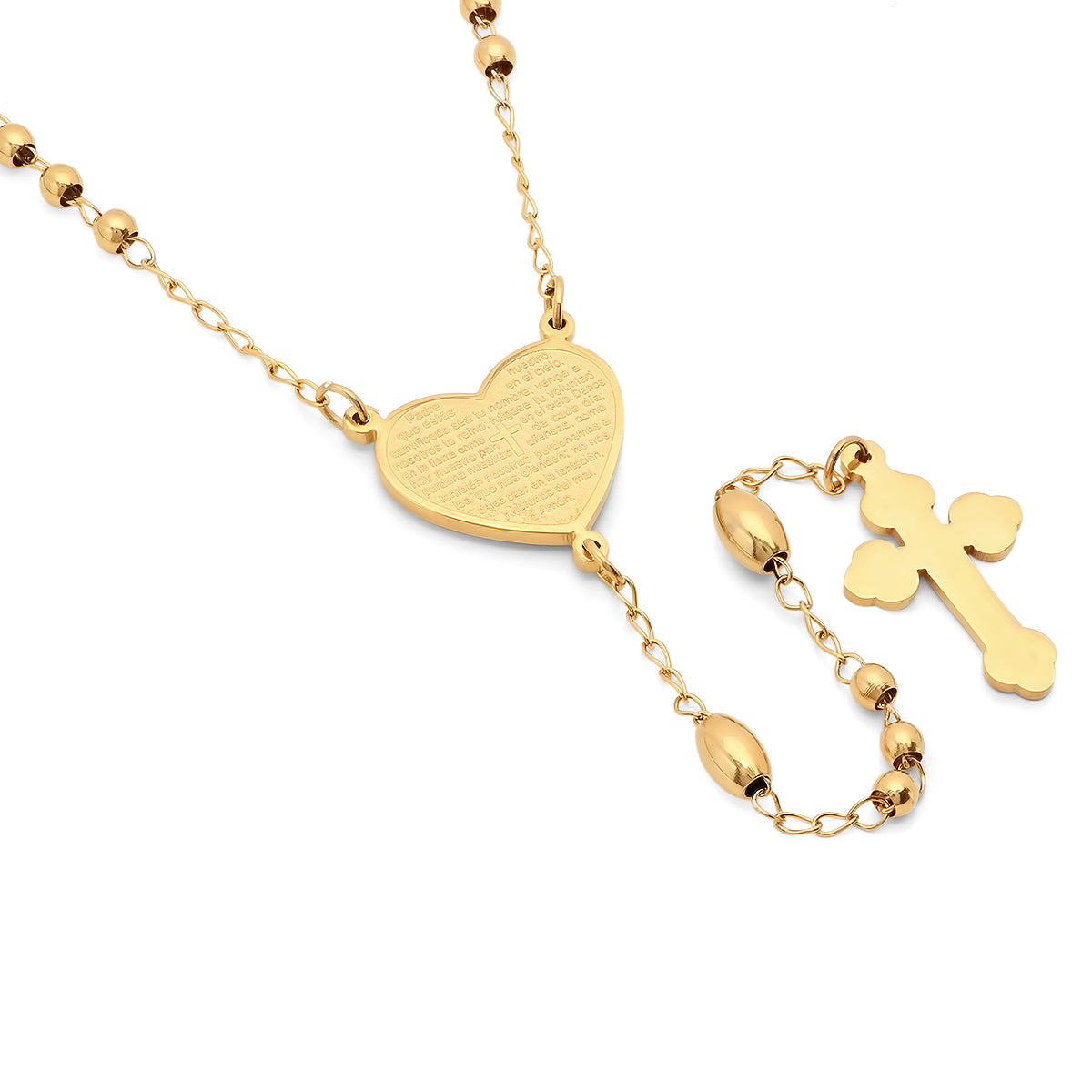 Ladies 18k Gold Plated Stainless Steel Padre Nuestro Prayer Heart Rosary Necklace