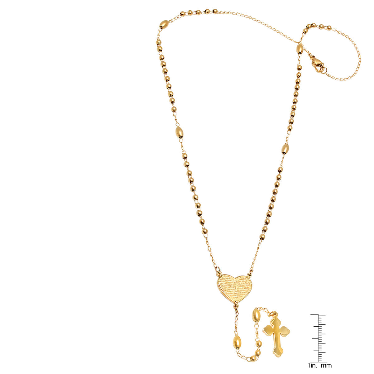 Ladies 18k Gold Plated Stainless Steel Padre Nuestro Prayer Heart Rosary Necklace