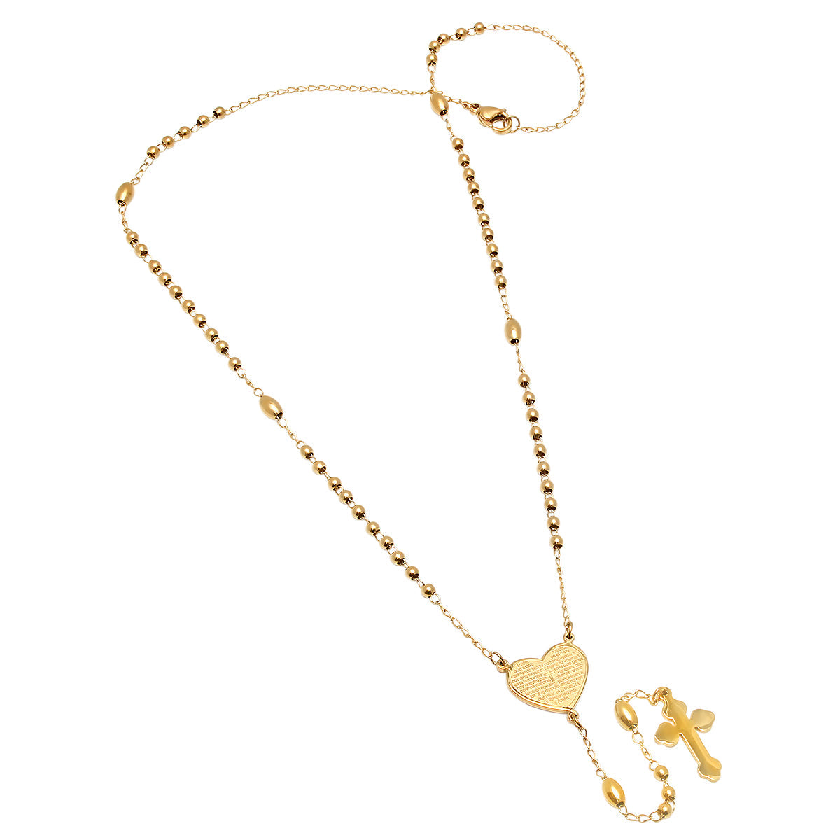 Ladies 18k Gold Plated Stainless Steel Padre Nuestro Prayer Heart Rosary Necklace