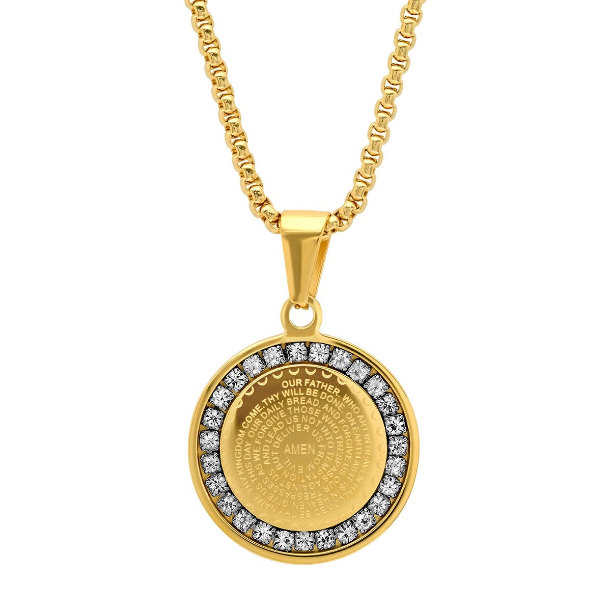 Our Father Prayer Round Pendant With Simulated Diamonds