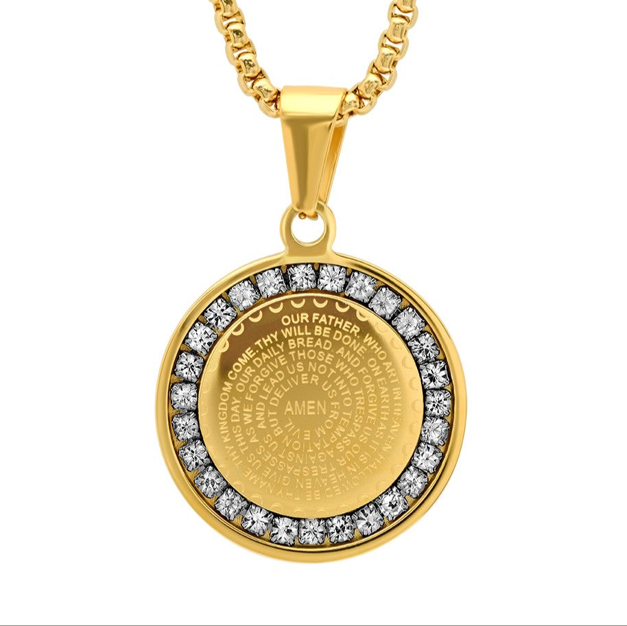 Our Father Prayer Round Pendant With Simulated Diamonds