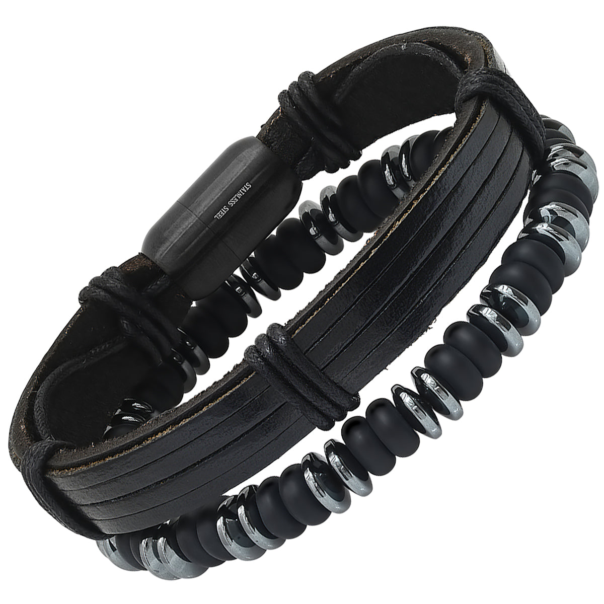 Leather, Hematite, + Lava Beaded Bracelet Stack
