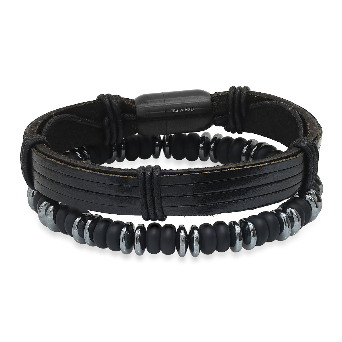 Leather, Hematite, + Lava Beaded Bracelet Stack