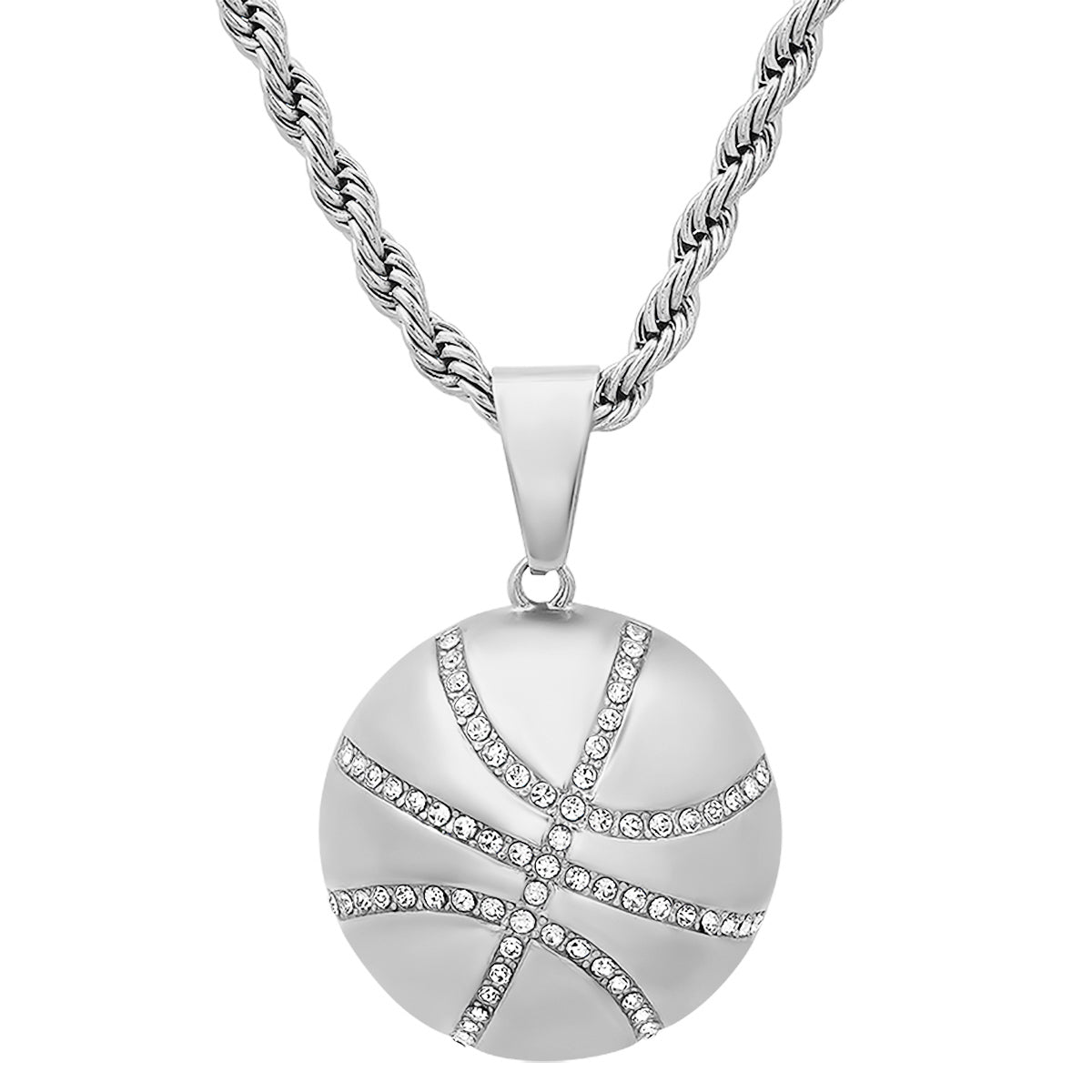 Round Basketball Stainless Steel Pendant With Simulated Diamonds