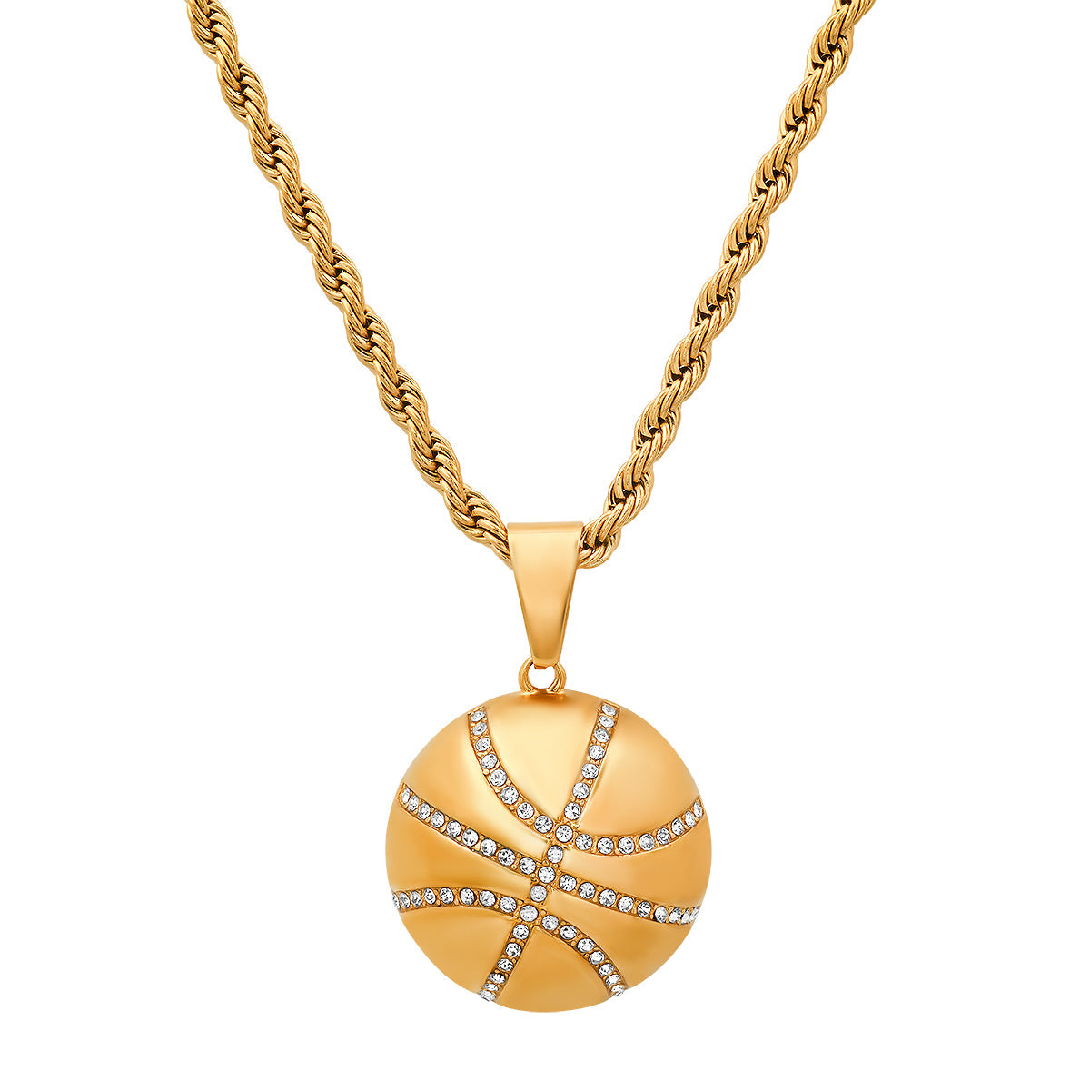 Round Basketball Stainless Steel Pendant With Simulated Diamonds