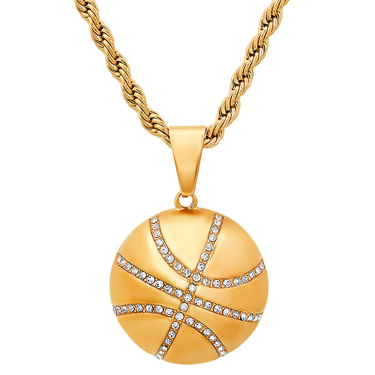 Round Basketball Stainless Steel Pendant With Simulated Diamonds