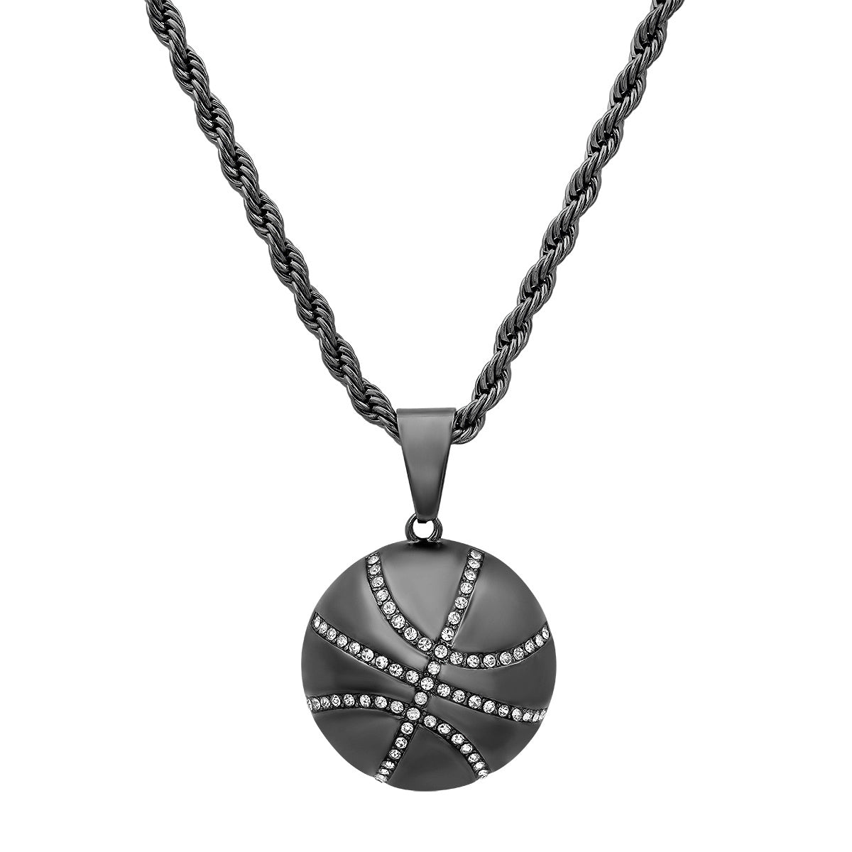 Round Basketball Stainless Steel Pendant With Simulated Diamonds