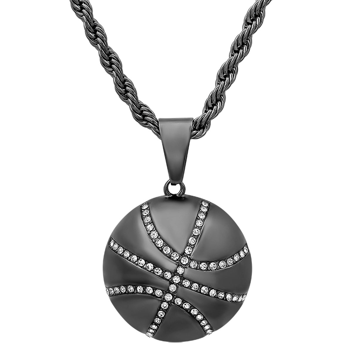 Round Basketball Stainless Steel Pendant With Simulated Diamonds