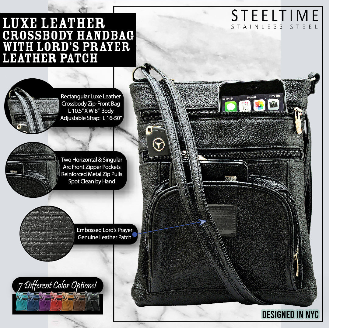 SteelTime Unisex Leather Crossbody Bag With Serenity Prayer