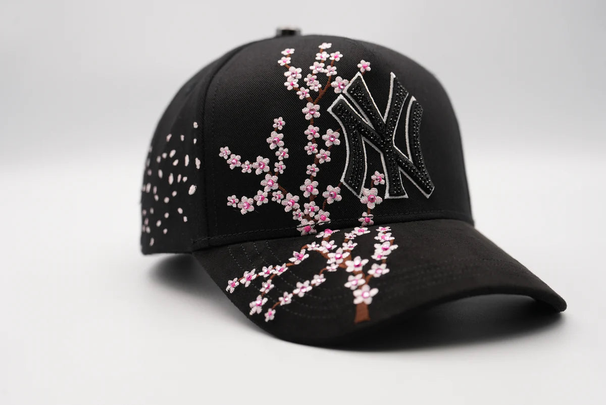 Big Boss New York Pink Flowers Rhinestone Crystal Black