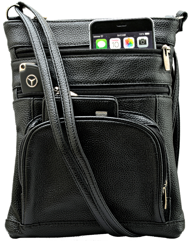 Unisex Super Soft Leather Crossbody Bag  with 6 Compartments and Carrying Strap