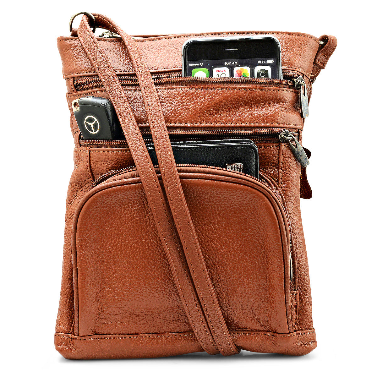 Unisex Super Soft Leather Crossbody Bag  with 6 Compartments and Carrying Strap