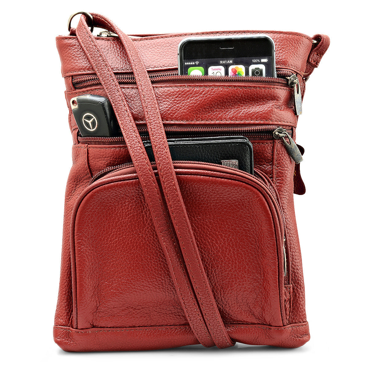 Unisex Super Soft Leather Crossbody Bag  with 6 Compartments and Carrying Strap